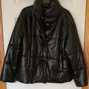 INC International Concepts Black Faux Leather Puffer Jacket